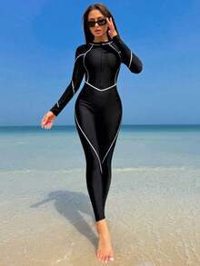 Bikinx Traje de baño deportivo de manga larga con cremallera, ajustado, con ribete de contraste de unicolor, para vacaciones de verano en la playa - Negro - Ver 3