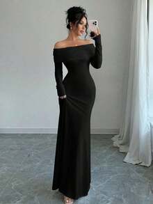 Vestido largo de punto acanalado con manga larga, cintura ceñida, hombros descubiertos, espalda descubierta, doblez de cola de pez, elegante y sexy, color blanco, para otoño/invierno, atuendo de mujer maxi - Negro - Ver 3