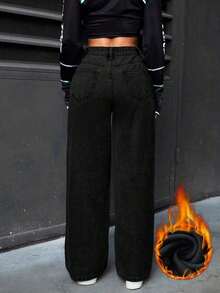 PETITE Jeans rectos de pierna suelta y lavados para mujer - Gris Oscuro - Ver 2