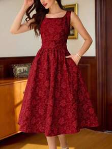 Vestido elegante sin mangas de cuello cuadrado con bolsillo de unicolor vintage para mujer, atuendo de verano, vestido de invitada de boda, vestido de regreso a la escuela, vestido de cumpleaños elegante para mujer, atuendo de cumpleaños elegante para mujer, atuendo de vacaciones para mujer, vestido elegante para mujer en otoño, ropa de mujer para vacaciones, vestido de iglesia para mujer, atuendo de iglesia para mujer, atuendo de festival para mujer, estilo de dinero antiguo, atuendo de brunch para mujer - Rojo - Ver 2