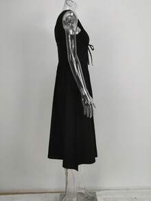 Vestido largo primavera plisado con hombros al descubierto estampado elegante y favorecedor estilo europeo - Negro - Ver 6
