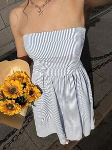Vestido bandeau informal a rayas para mujer - Azul y blanco - Ver 3