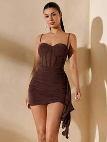 Vestido mini de mujer ajustado con corte en la cintura y busto fruncido en color azul grisáceo sólido para el verano - Café integral - Ver 3