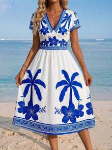 Clasi Women's Elegant Summer Dress With V-Neck, Floral Print, Double Waist Pockets, Flared Silhouette, Suitable For Various Occasions: Beach, Travel, Daily Wear, Home, Etc. - Dark Gold - 查看 2