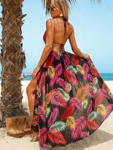 Swim Vcay Kimono de mujer con estampado tropical de plantas, tipo cubrecuerpo con cuello halter - Rosa - Ver 2