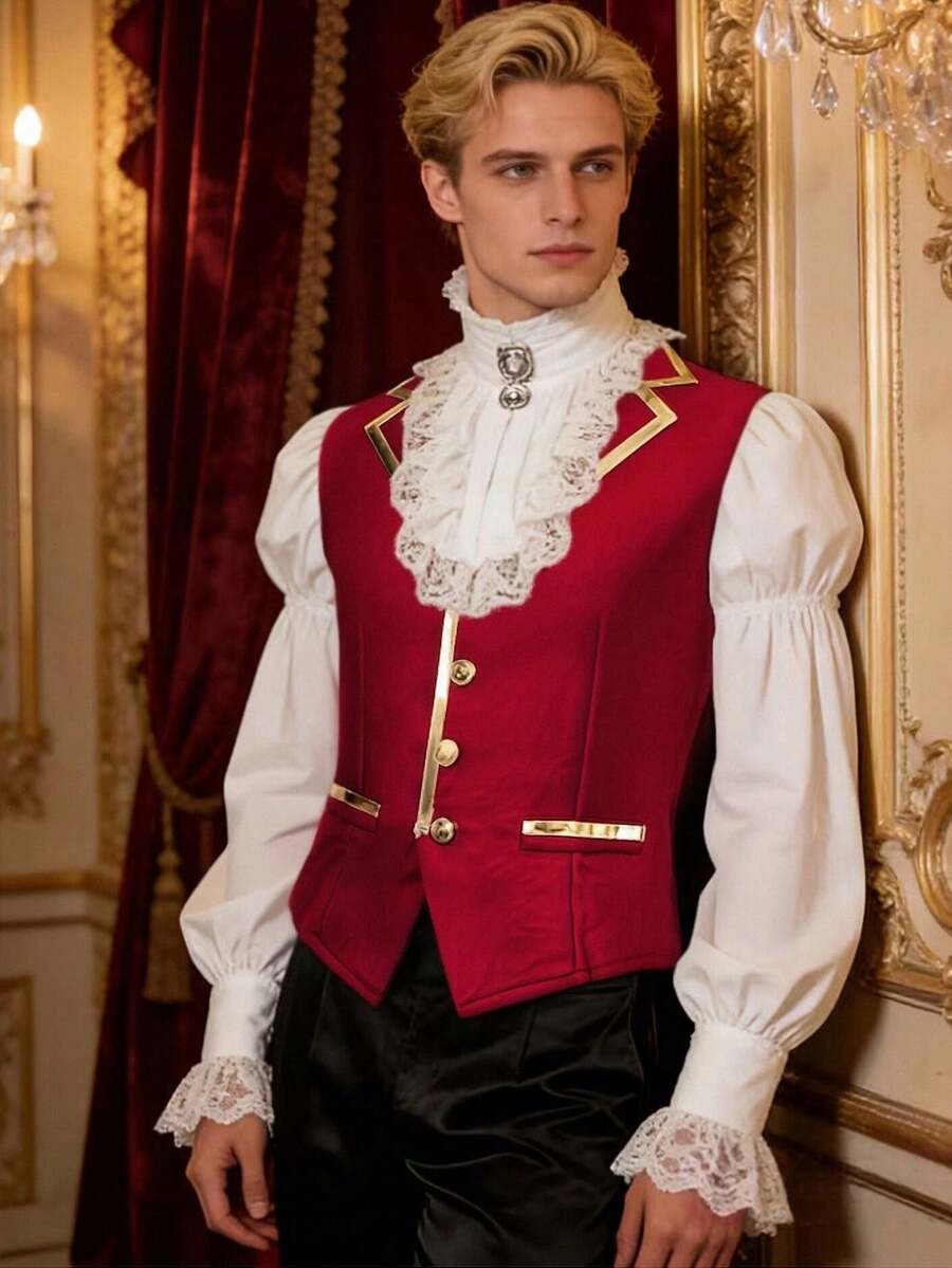 Men's Front Button Slim Fit Vest Costume - Red - View 1