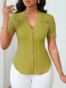 Camisa casual de mujer de unicolor y estilo simple para uso diario, verano - Verde 4 - Ver 1
