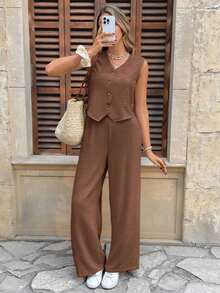 Chaqueta Tipo Chaleco Con Botones En La Parte Delantera Y Pantalones Anchos - Café integral - Ver 7