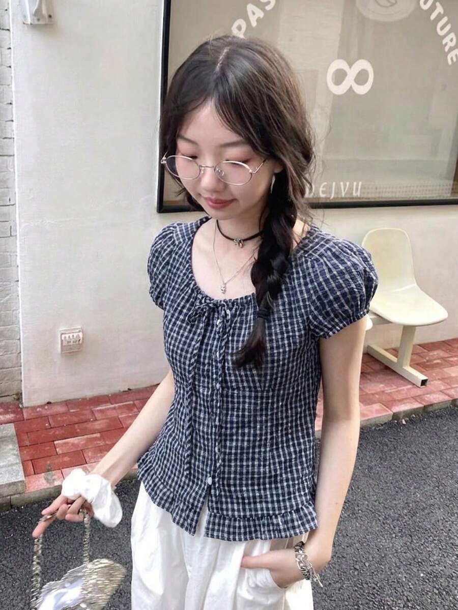 2025新款优雅腰带纽扣荷叶边下摆夏季上衣 - 藏蓝色 - 查看 1