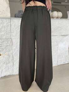 Pantalones largos casuales de mujer de unicolor con cordón en la cintura - Gris 2 - Ver 5