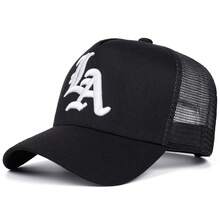 1pc Hat LA Letter Embroidered Mesh Trucker Cap, Two-Tone Curved Brim Streetwear Baseball Hat - A - View 7