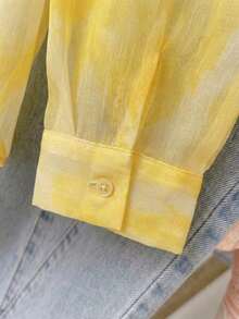 Camisa de protección solar con efecto tie-dye dulce para mujer, de cuello de solapa y manga larga, informal para exteriores/vacaciones, holgada, transpirable y ligera, estilo camisa, color rosa, para primavera/verano - Amarillo - Ver 10