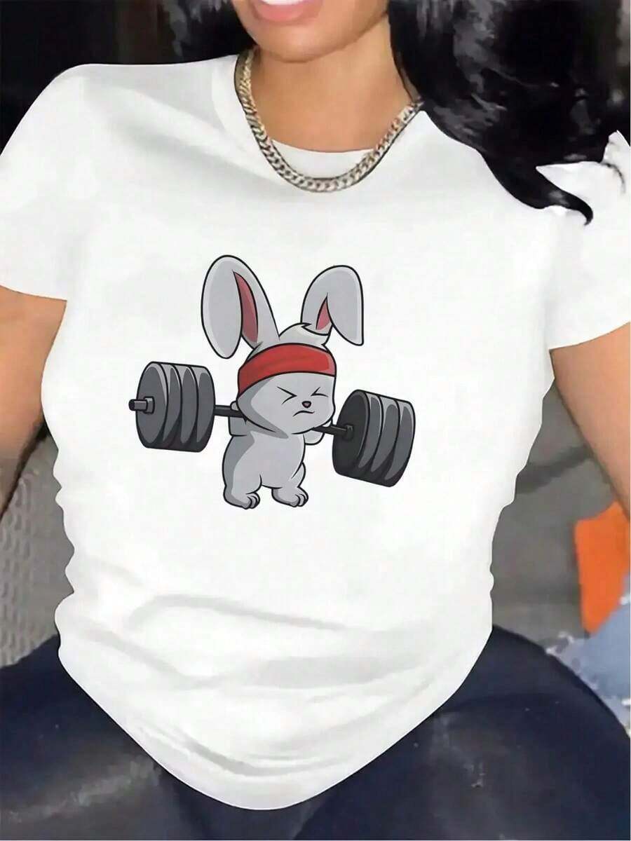 Camiseta de gimnasio divertida para mujer - Lindo conejo de levantamiento de pesas, camiseta gráfica ligera y transpirable de poliéster para ejercicios, top atlético casual - Tejido no transparente para levantamiento de pesas, yoga, ropa casual - Regalo ideal para amantes del fitness, ropa de ejercicio, diseño juguetón, construcción duradera, camiseta de ejercicio, mujer - Blanco - Ver 1