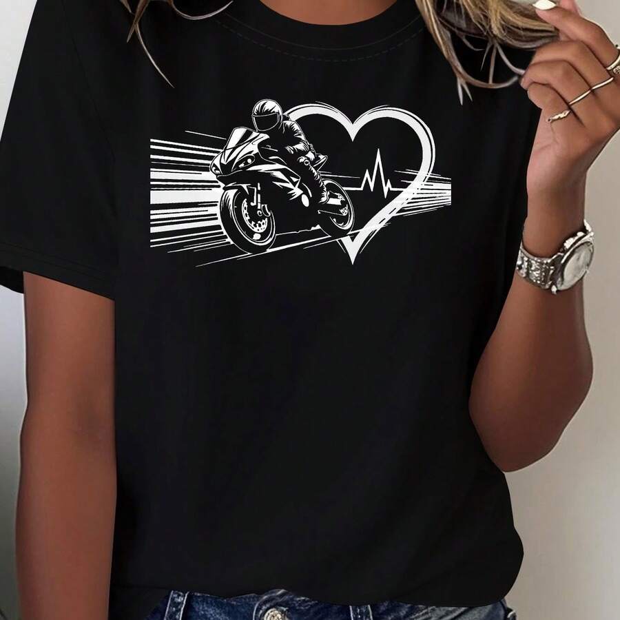 Camiseta informal de mujer de punto negro, manga regular, manga corta, cuello redondo y estampado gráfico de latido de corazón de motocicleta, ideal para fiestas.