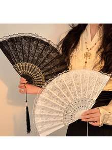 1件仙氣復古蘭花蕾絲摺扇，溫柔藝術女士扇，高品質夏季便攜配件，古典風旅行攝影舞蹈婚禮道具，中式古典裝飾扇，適用於新年與節日 - 蕾絲扇 - 查看 2
