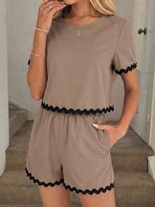 Conjunto de 2 piezas de top de manga corta con cuello redondo a cuadros y shorts casuales para mujer, de verano - Caqui - Ver 7