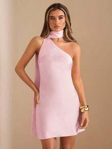 Vestido mini de satén elegante con hombros asimétricos y espalda descubierta en unicolor amarillo crema, vestido mini elegante con estampado, vestido mini sexy con espalda descubierta, vestido mini de satén amarillo con espalda descubierta, vest - Rosa coral - Ver 4