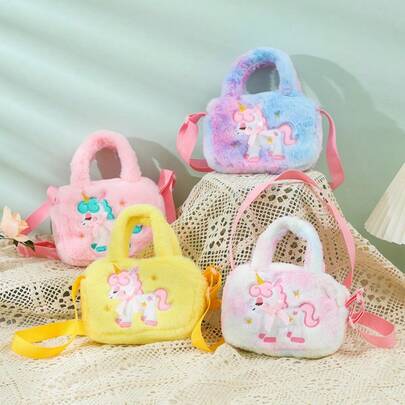 8pcs/Set Cute Unicorn Plush Square Shoulder Bag, Cartoon Handbag For Kids/Toddler Girls