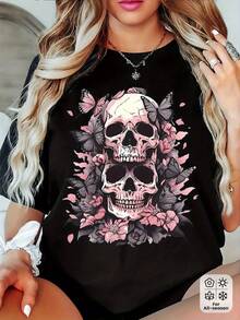 Camiseta casual estampada de talla grande para mujer, cuello redondo, manga corta, tela ligeramente elástica, estilo regular, top cómodo para todas las estaciones, ropa de mujer. - Negro - Ver 1