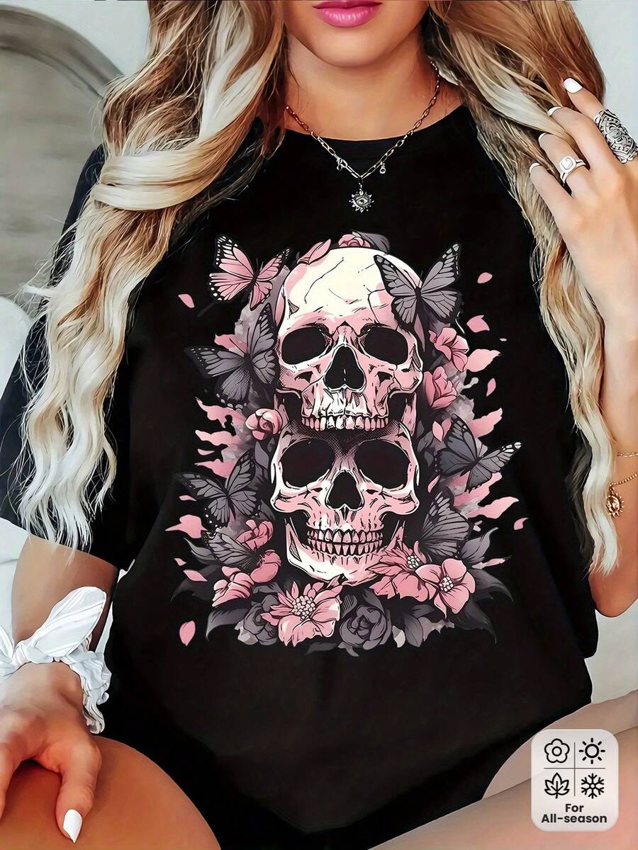 Camiseta casual estampada de talla grande para mujer, cuello redondo, manga corta, tela ligeramente elástica, estilo regular, top cómodo para todas las estaciones, ropa de mujer. - Negro - Ver 1