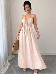 Vestido línea A con escote halter, cordones y espalda descubierta - Rosa 2 - Ver 4