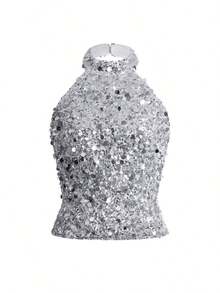Blusa de mujer con hombros al descubierto y lentejuelas, adecuada para bodas, galas, vuelta al colegio, festivales de música, fiestas del Día de la Madre, vacaciones en la playa - Plateado - Ver 3