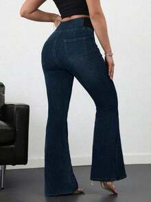 Tall Pantalones vaqueros de mujer casuales, ajustados y elásticos con vuelo, pantalones vaqueros azules ajustados de cintura alta con vuelo para mujeres altas, pantalones vaqueros de verano - Azul lavado oscuro - Ver 2