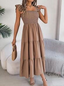 Nuevo vestido midi de unicolor con cuello cuadrado, casual, con espalda descubierta, volantes y sin mangas, color caqui, elegante para primavera/verano - Caqui - Ver 4