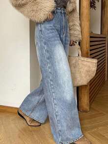 Jeans rectos de cintura alta y holgados que estilizan, minimalistas y versátiles, pantalones cómodos de longitud tobillera para mujeres - Azul - Ver 7