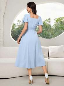 Vestidos midi de manga corta con cuello cuadrado, cintura ceñida y bordado floral para mujeres - Azul - Ver 6