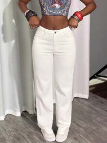 Jeans rectos casuales para mujer, color negro, primavera - Blanco - Ver 4