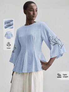 Ontre 2026SS Nueva camisa casual para mujer con mangas acampanadas, cintura recogida y bloque de color bordado.Adecuada para el Día de la Independencia, estilo urbano chic, minimalista para ir al trabajo, invitada de boda, vacaciones, San Valentín, elegante, Día del Maestro, té, fiesta, uso diario casual, oficina, festival, vuelta al colegio, vacaciones, blusa versátil de línea A - Azul - Ver 8