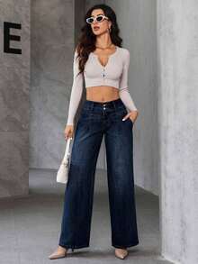 Jeans casuales holgados de pierna ancha con bolsillos para mujer - Azul lavado oscuro - Ver 9