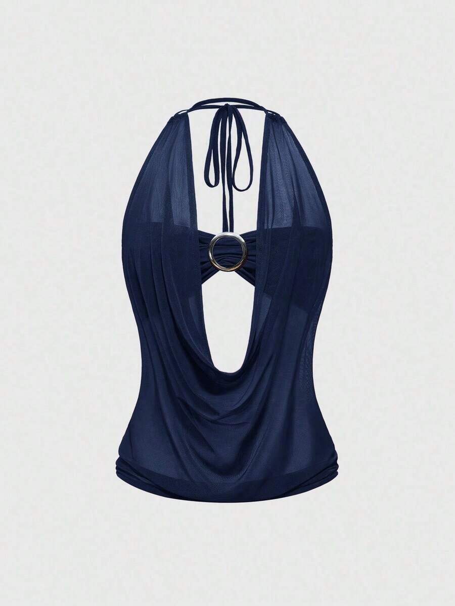 Top sin tirantes estilo retro Y2K para mujer, primavera/verano, con escote profundo y espalda descubierta, estilo callejero (incluye forro de tubo). - Azul - Ver 1