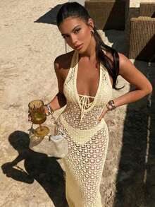 Vestido Maxi de Punto Ajustado con Cuello en V y para Mujer, Primavera/Verano 2026, Marrón, Textura Calada, Estilo Boho, Elegante Casual para Playa y Vacaciones, Vestido Largo - Blanco marfil - Ver 3