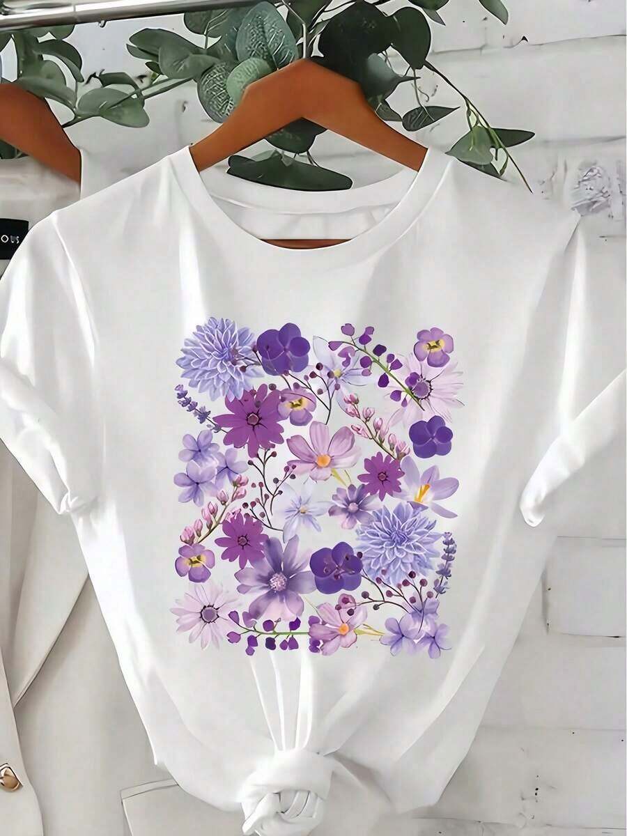 Women's Casual One-Piece T-Shirt, Purple Floral Print On White Background, Round Neck, Cotton Casual T-Shirt, Knit Fabric, Regular Fit For Ladies, Ideal For Spring/Summer/Autumn, Must-Have. - 白色 - 查看 1