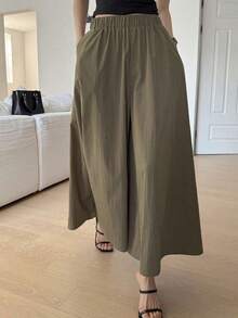 Pantalones anchos y cortos de unicolor elegantes y holgados para mujer, adecuados para el verano y el otoño - Marrón - Ver 1