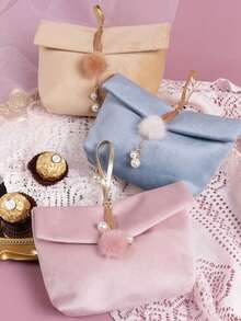 1Pc Minimalist Premium Pink Polyester Candy Bag, Mink Fur Spliced Leather Velvet With Pearl Decor, Large Capacity Wedding Favor Handbag, Candy & Jewelry Storage, Portable Cosmetic Pouch For Travel Party Festival - Velvet Gift Bag - View 11