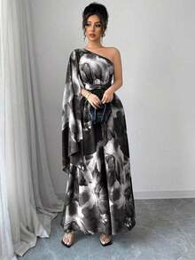 Vestido elegante de talle alto con hombro asimétrico, abertura lateral y estampado aleatorio, estilo fashionable para vacaciones - Gris - Ver 7