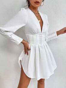PETITE Vestido De Primavera Para Mujer Con Cuello En V Profundo, Mangas De Obispo, Pliegues Y Dobleces - Blanco - Ver 5