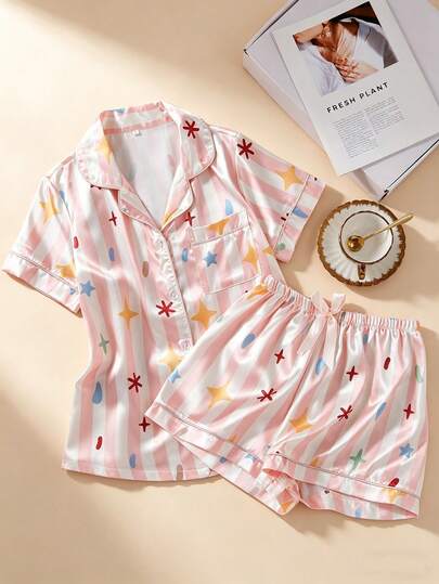 Summer Satin Striped, Star Print Front Button Pocket Bow Collar Short Sleeve Top And Shorts Casual Cute Loose Women Pajama Set, Suitable For Autumn Home Wear