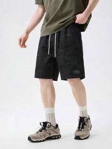 Men's Summer Quick-Dry Breathable Camo Casual Shorts, Small Logo Elastic Drawstring Waist Loose Straight Leg Bermuda Shorts, Suitable For Running, Fitness, Outdoor Activities - Black - View 1