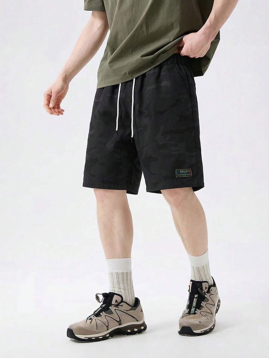 Men's Summer Quick-Dry Breathable Camo Casual Shorts, Small Logo Elastic Drawstring Waist Loose Straight Leg Bermuda Shorts, Suitable For Running, Fitness, Outdoor Activities - Black - View 1
