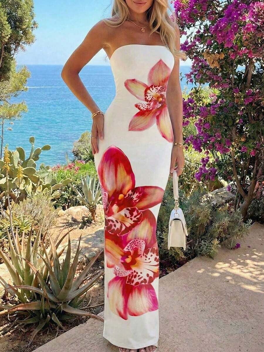 Vestido elegante con estampado floral sin tirantes y ajustado, adecuado para vacaciones - Multicolor 8 - Ver 1