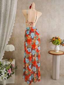 Swim  Set de 3 piezas de ropa de baño de verano para mujer, top halter con estampado floral rosa, Bottom de bikini y falda maxi, conjunto de traje de baño y falda de playa sexy, vestido de cumpleaños, vestido de verano de tres piezas con cobertura, vestido de primavera para mujer, vestido elegante de fiesta para mujer, vestido casual para mujer, conjunto de bikini con estampado de plantas y espalda anudada, traje de baño de tirantes finos para mujer - Multicolor 2 - Ver 5