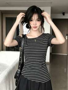 Vintage Striped Off-Shoulder T-Shirt For Women, Versatile Summer Top Casual - Black Stripes - View 6