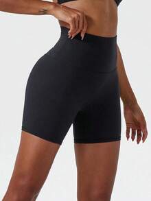 1 pieza Pantalones cortos de yoga elásticos de color nude, adecuados para correr, fitness, ciclismo y otros deportes, pantalones cortos ajustados transpirables y de secado rápido para mujeres en color negro - Negro - Ver 6