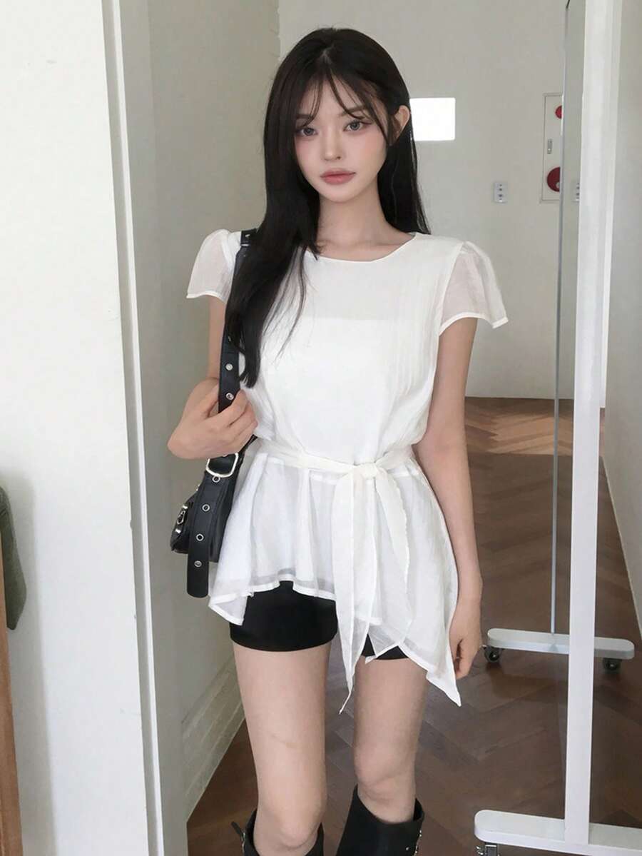 Women's Solid Color Asymmetrical Short Sleeve Round Neck T-Shirt White Casual - White - View 1