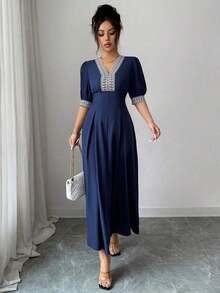 YHHElenzga Vestido corto de verano con mangas cortas, cintura con cinta y diseño de patchwork elegante para mujerYHH - Azul marino - Ver 6