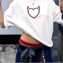 Camiseta holgada con estampado de corazón divertido estilo americano, moda europea y americana, top juvenil, camiseta básica de algodón puro. - Blanco - Ver 4